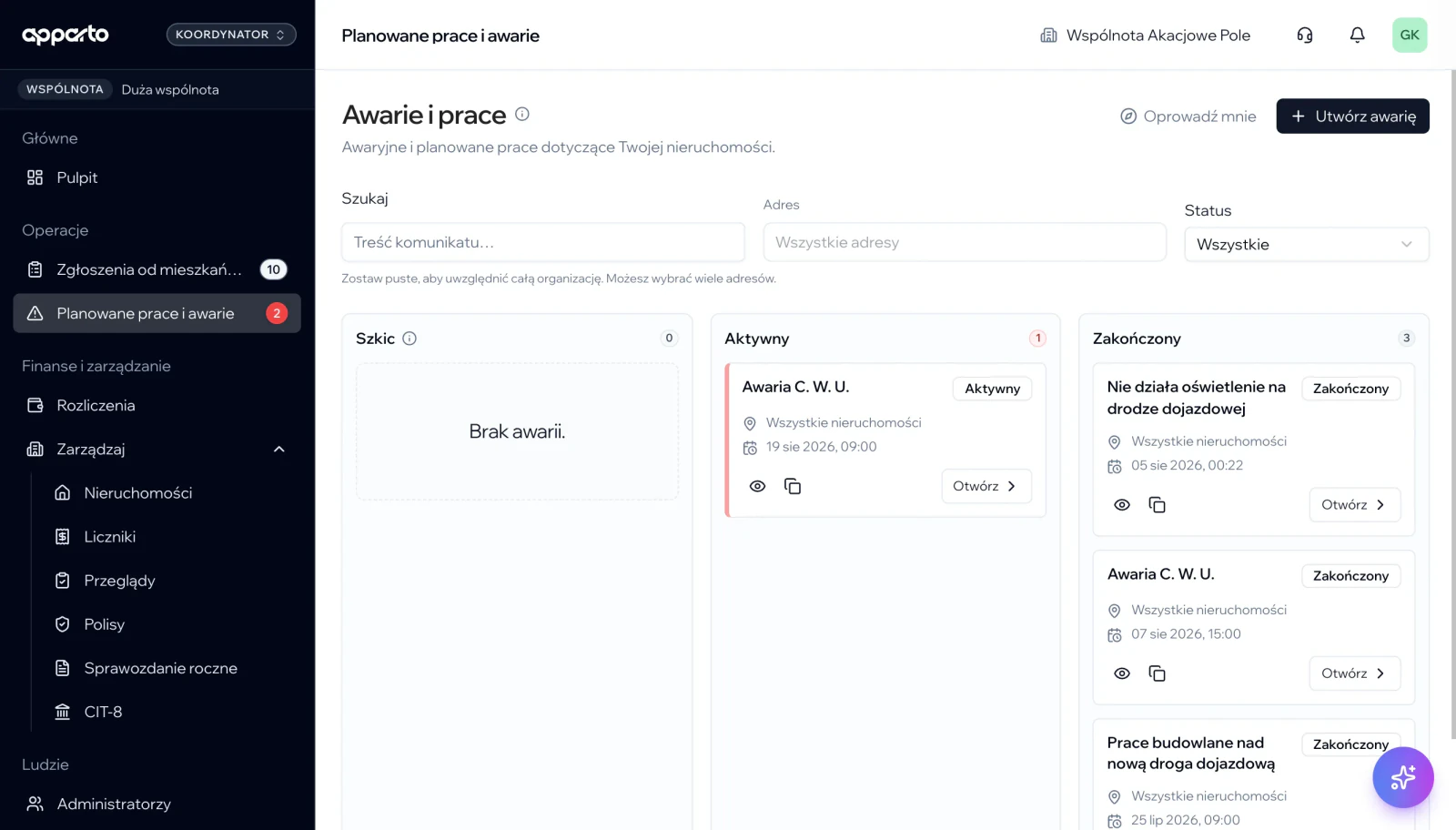Panel administratora apparto — tablica awarii i planowanych prac