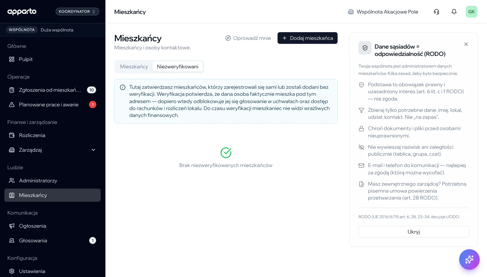 Panel administratora apparto — mieszkańcy i zasady RODO