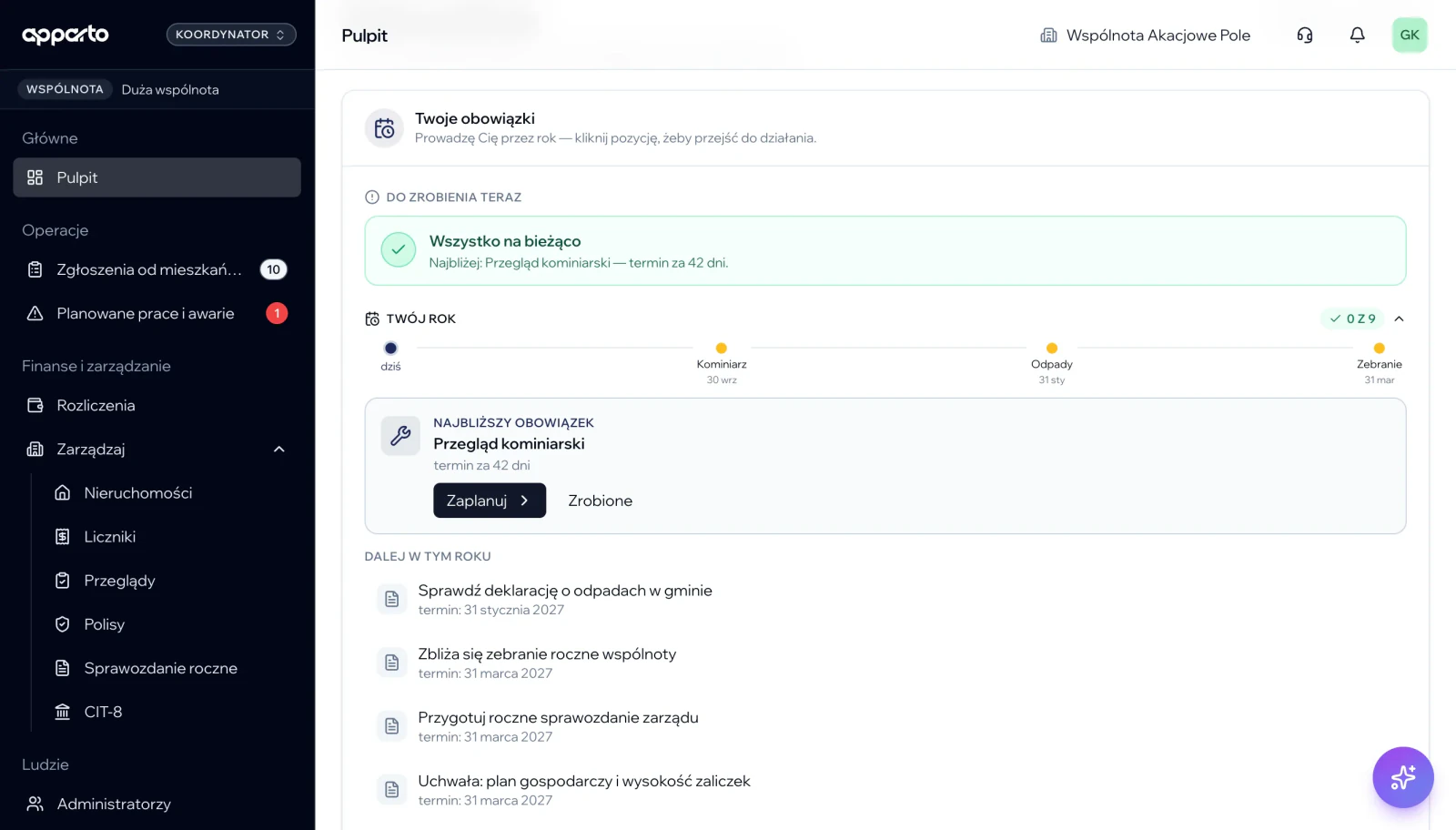 Lista rocznych obowiązków wspólnoty z terminami w apparto