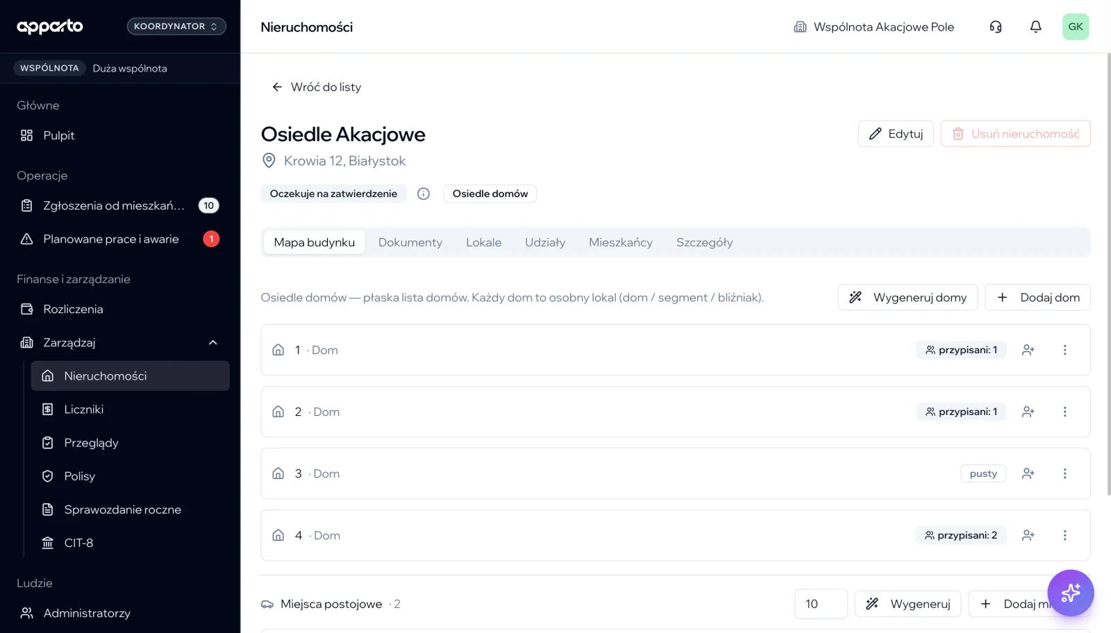 Panel administratora apparto — osiedle domów, lokale i mieszkańcy wspólnoty