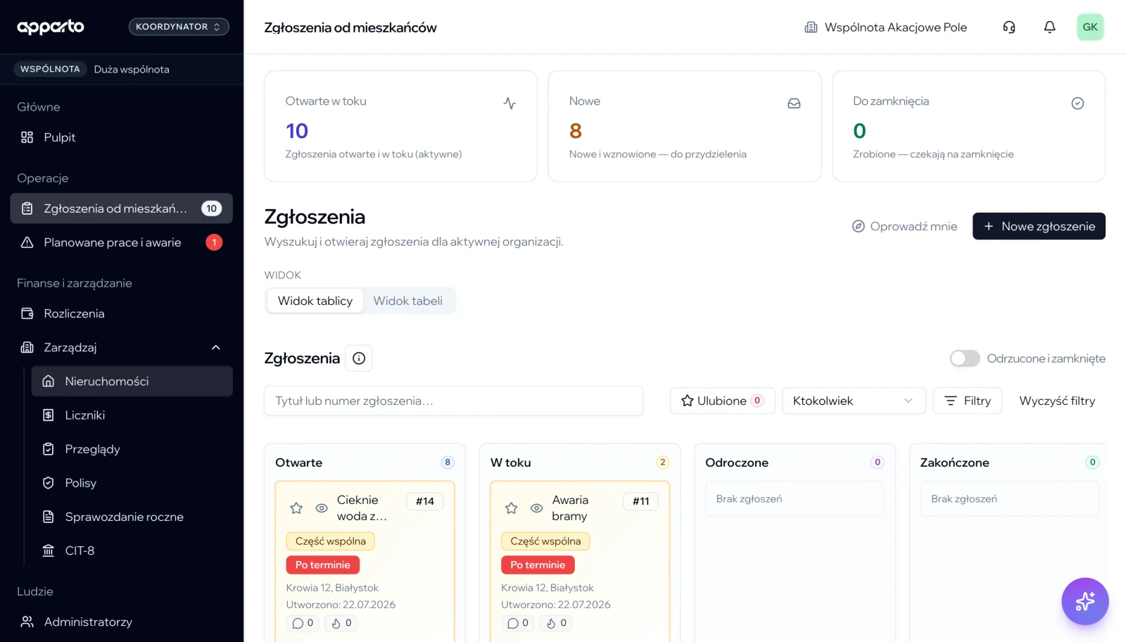 Panel administratora apparto — tablica zgłoszeń wspólnoty ze statusami
