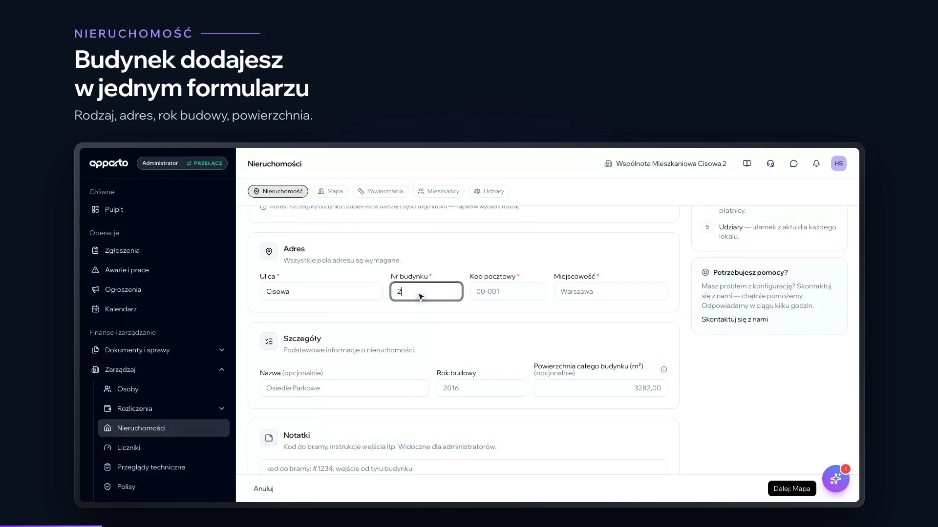 Kadr z filmu: ekran dodawania budynku w panelu administratora apparto.